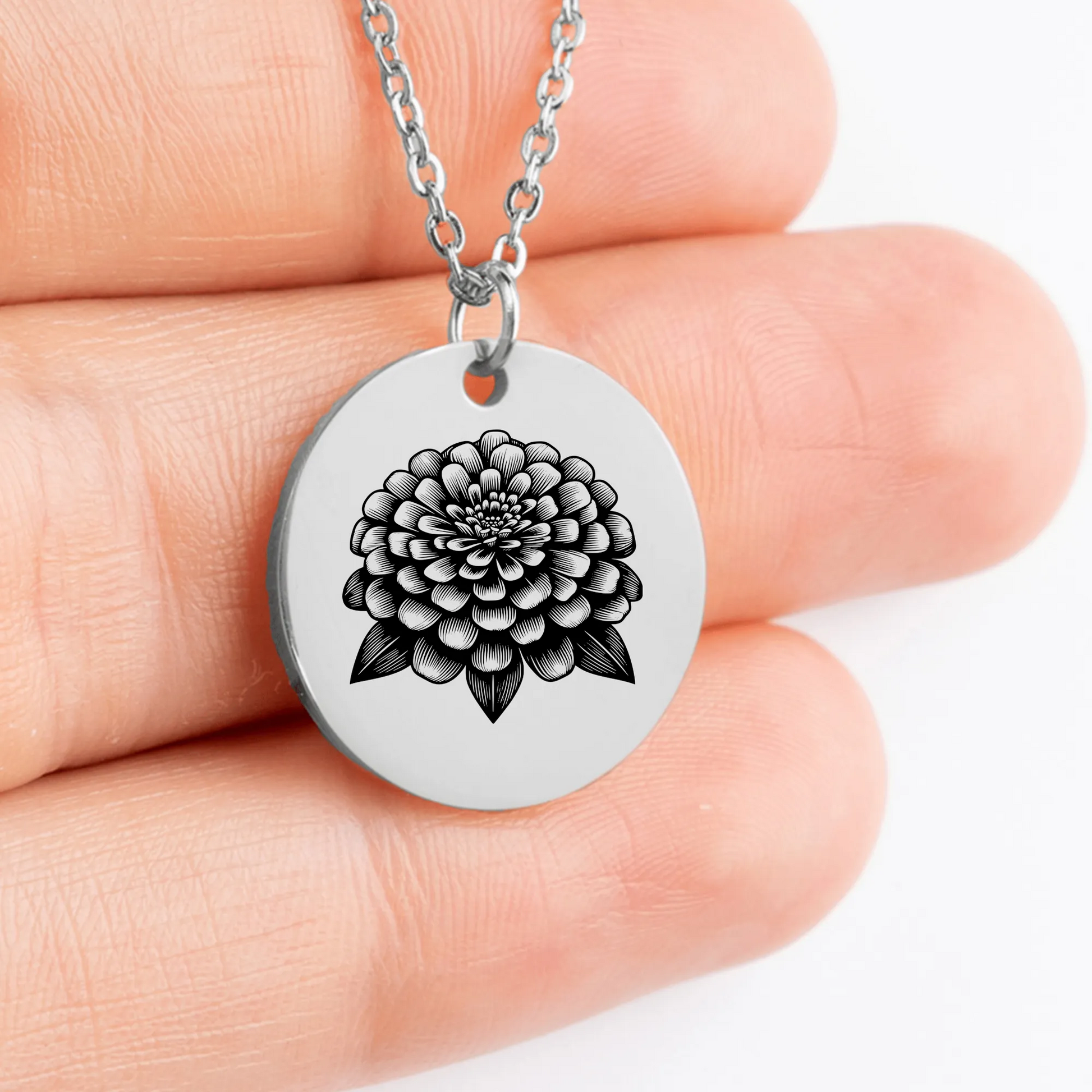 Custom Zinnia Flower medallion jewelry gift idea