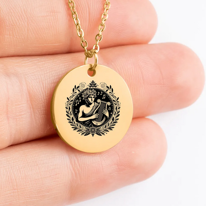 Custom Apollo Greek God medallion necklace with intricate design