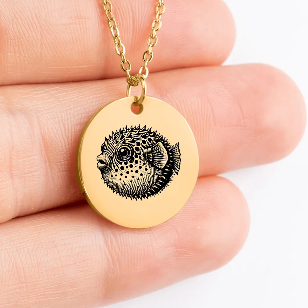 Custom Pufferfish charm medallion necklace for sea life enthusiasts