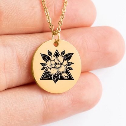 Unique Gardenia charm medallion necklace, handmade personalized gift