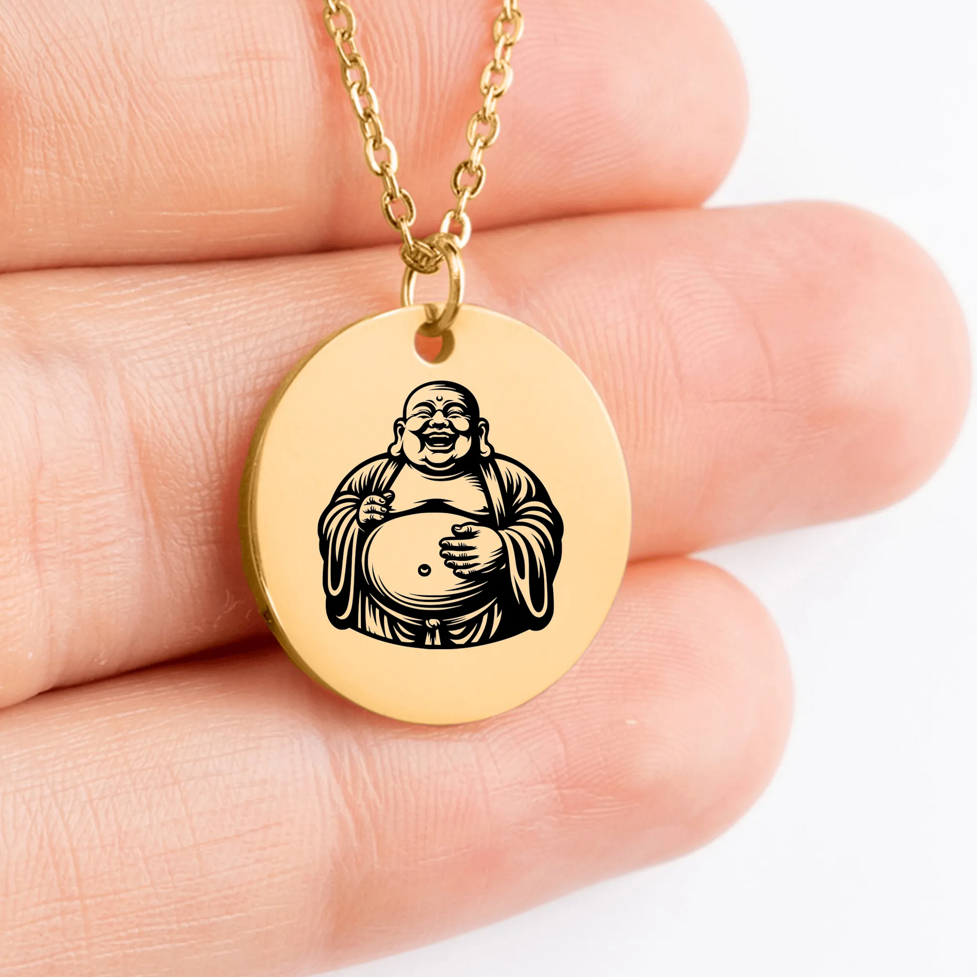 Personalized Laughing Buddha medallion with intricate details 