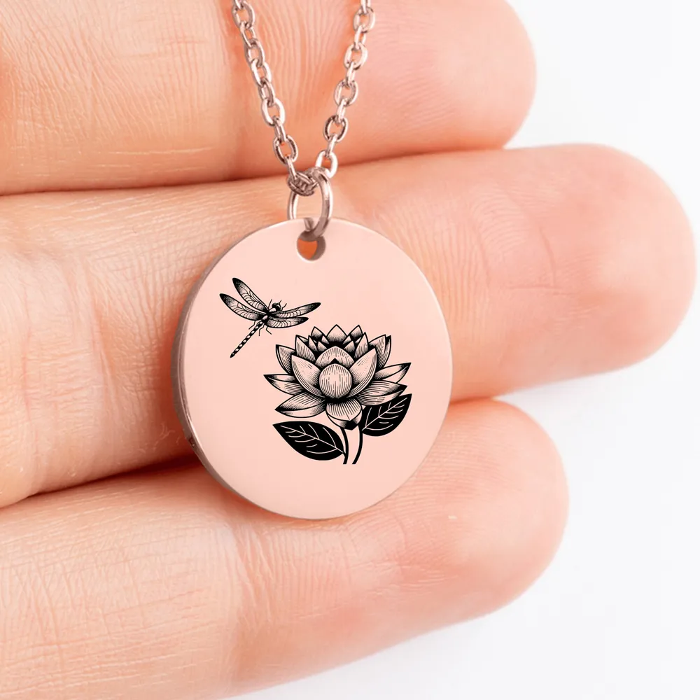 Custom Engraved Lotus Charm Pendant Necklace for Meaningful Gift