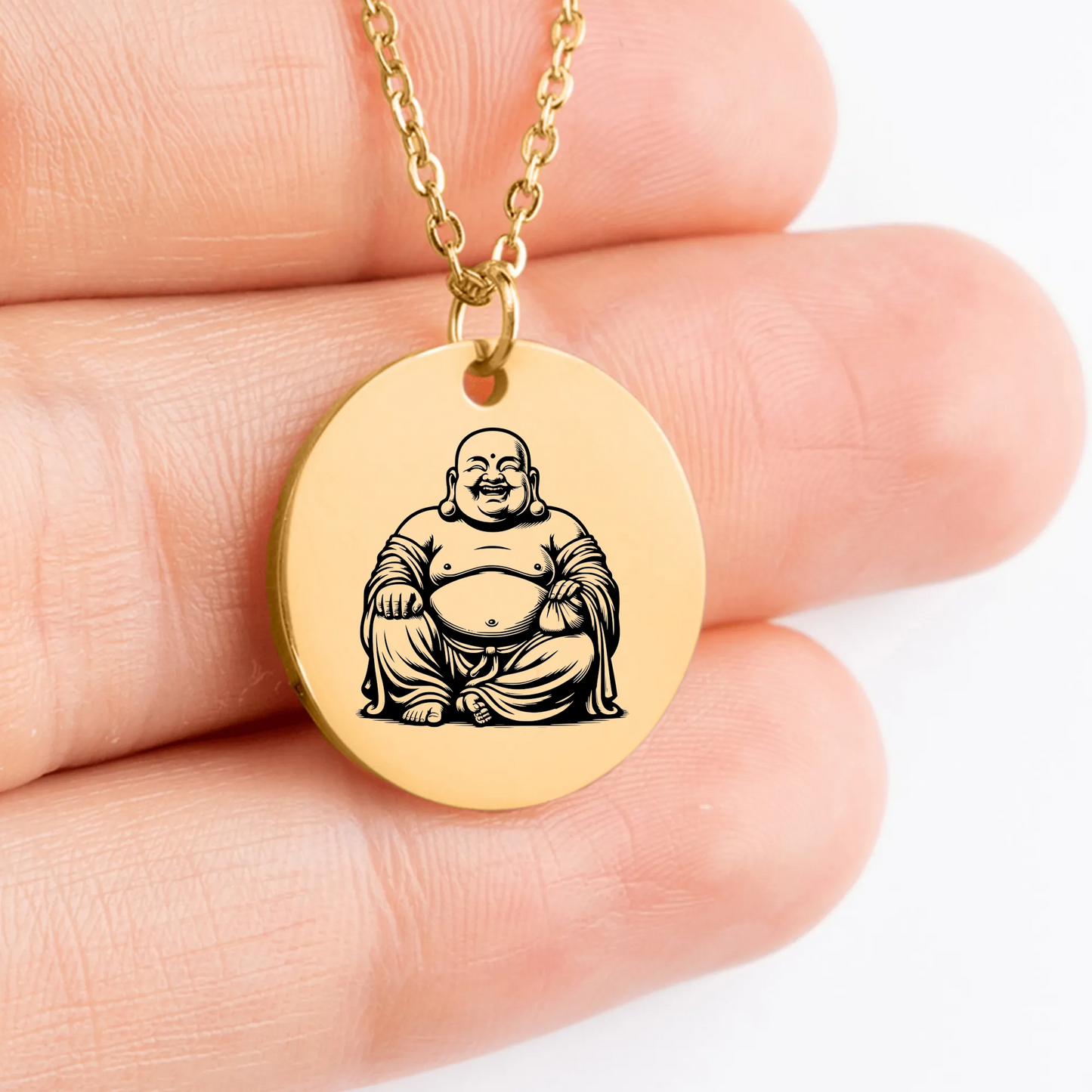 Personalized Laughing Buddha medallion with intricate details 