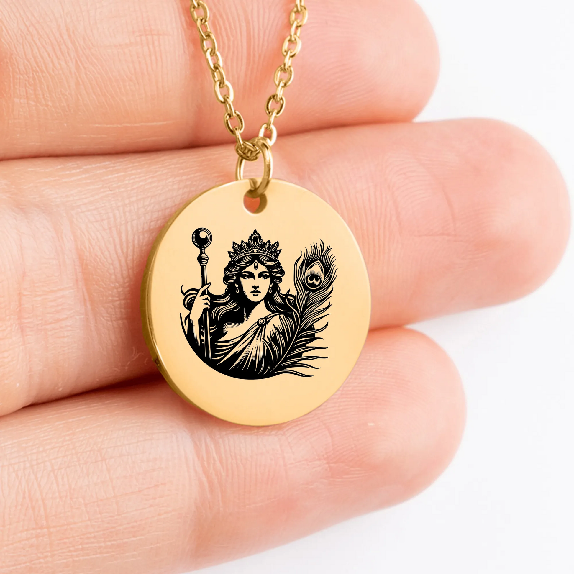 Handcrafted Hera Goddess coin necklace with intricate design and symbolism