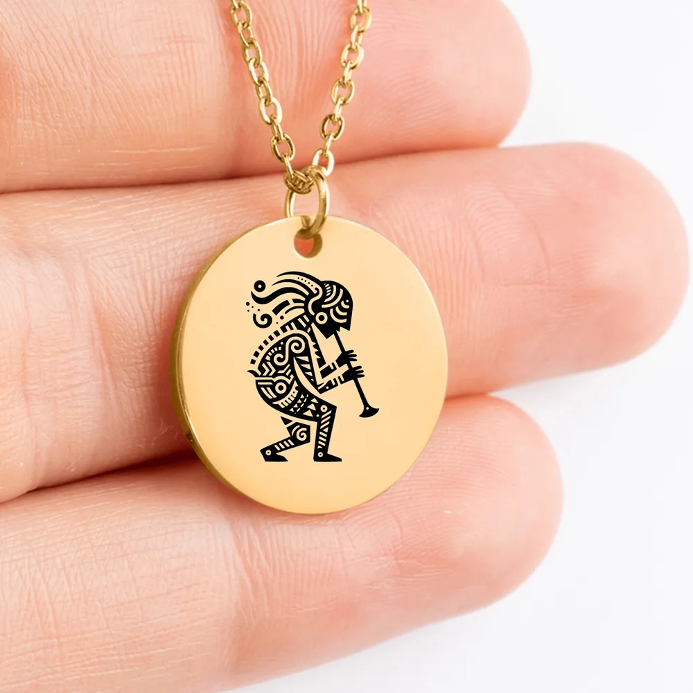 Engraved Kokopelli Trickster Deity medallion - intricate tribal jewelry design