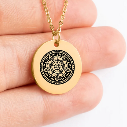 Tudor Rose medallion charm necklace in antique gold finish