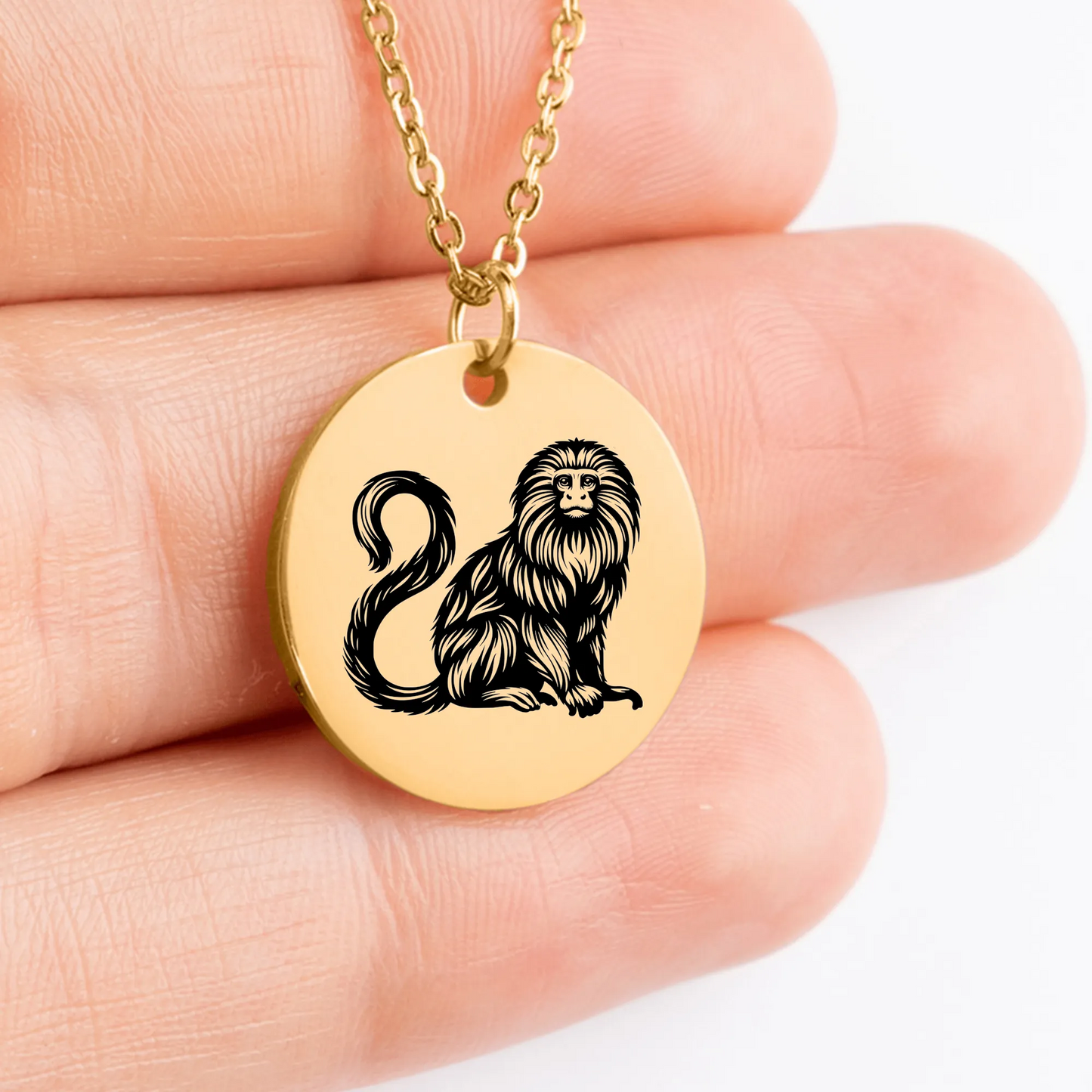 Golden Lion Tamarin medallion necklace, a stylish animal jewelry piece