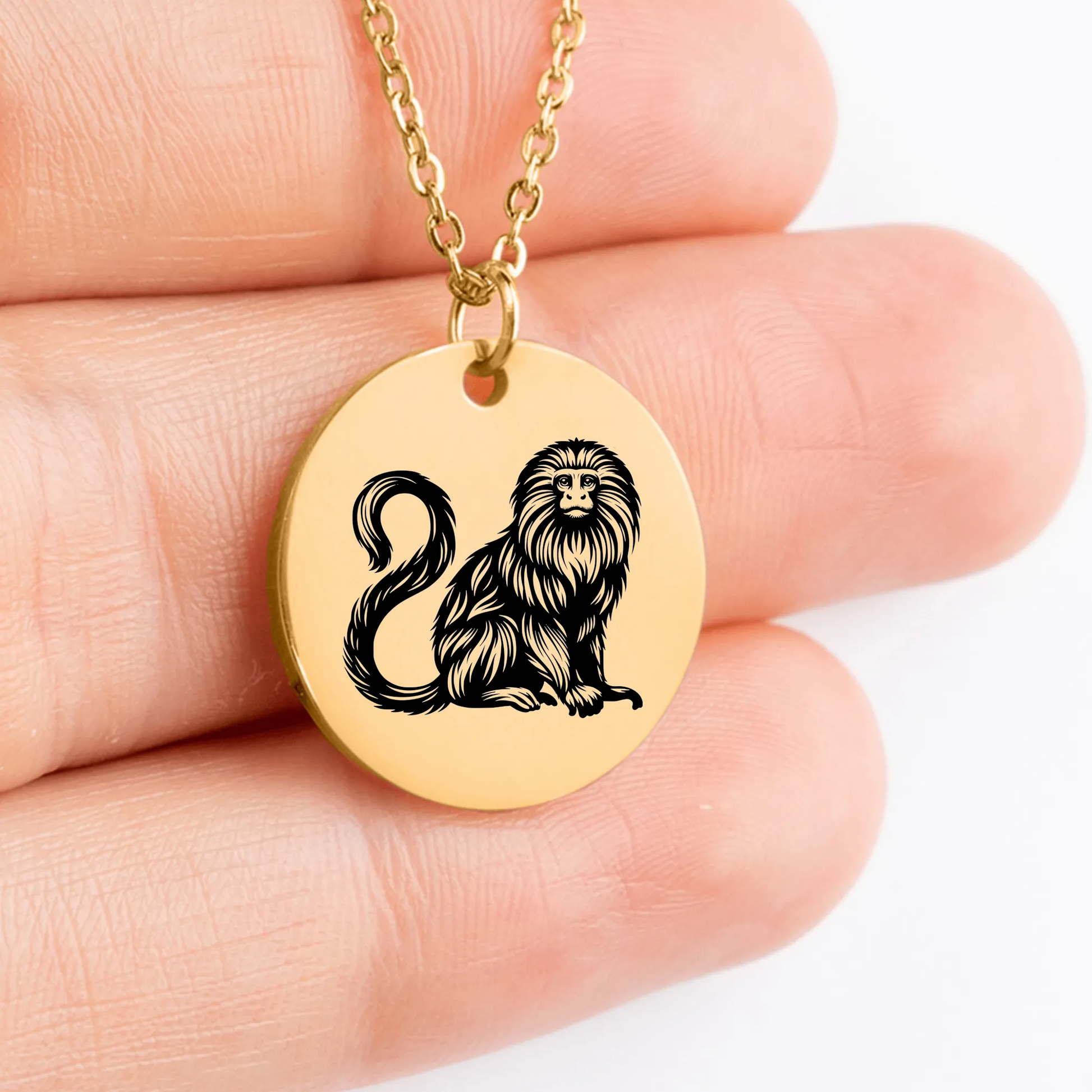 Golden Lion Tamarin medallion necklace, a stylish animal jewelry piece