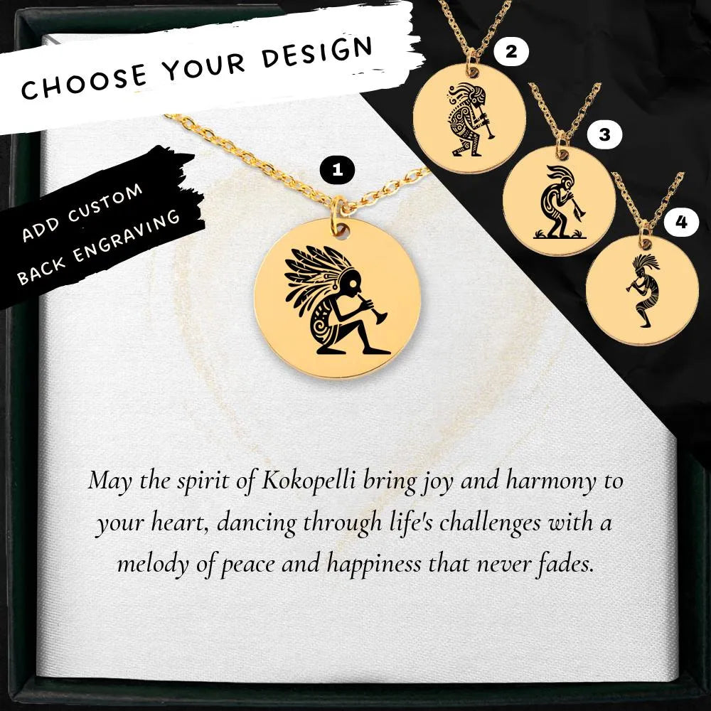 Engraved Kokopelli Trickster Deity medallion - intricate tribal jewelry design