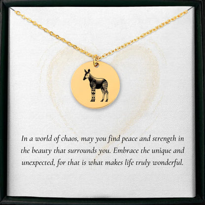 Unique Okapi pendant necklace with custom engraving, a perfect gift idea.