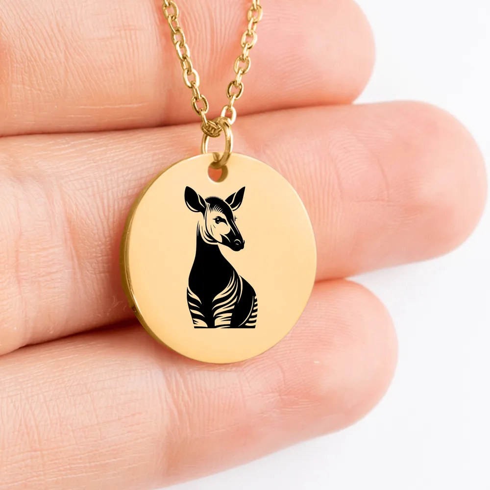 Unique Okapi pendant necklace with custom engraving, a perfect gift idea.