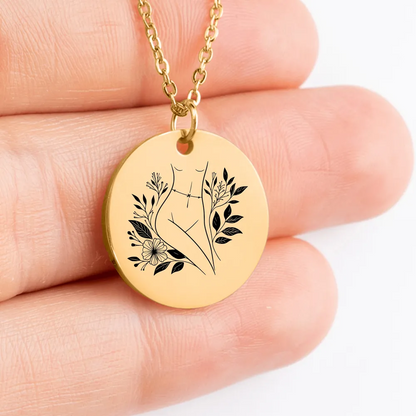 Custom feminist jewelry: body positive medallion necklace with intricate design