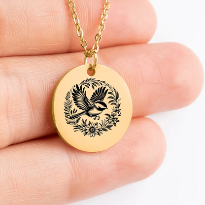 Handcrafted chickadee charm necklace with custom design